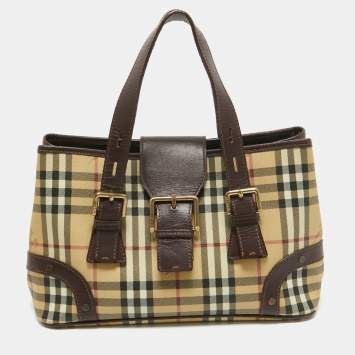 Pre Owned Burberry Beige/Dark Brown Haymarket Check Coated Canvas Eden Tote