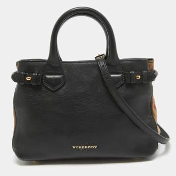 Pre Owned Burberry Black/Beige House Check Fabric and Leather Small Banner Tote