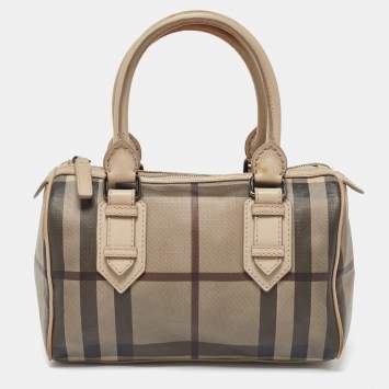 Pre Owned Burberry Beige Smoked Check PVC and Leather Chester Boston Bag