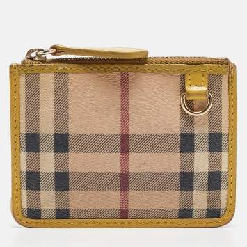 Pre Owned Burberry Beige/Yellow House Check PVC and Leather Zip Card Holder