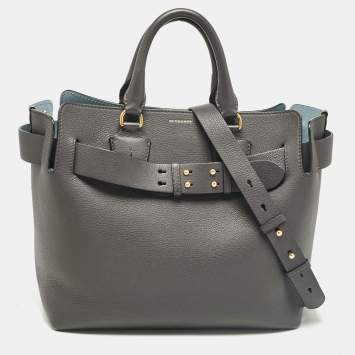 Pre Owned Burberry Dark Grey Leather Medium Belt Tote