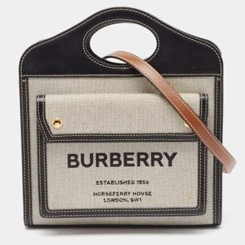 Pre Owned Burberry Black/Grey Leather and Canvas Mini Pocket Tote
