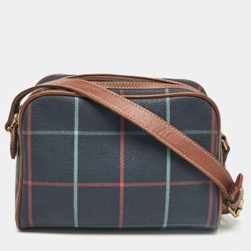 Pre Owned Burberry Navy Blue/Multicolor Checkered Coated Canvas Double Zip Shoulder Bag