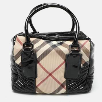 Pre Owned Burberry Beige/Black Nova Check PVC and Patent Leather Satchel