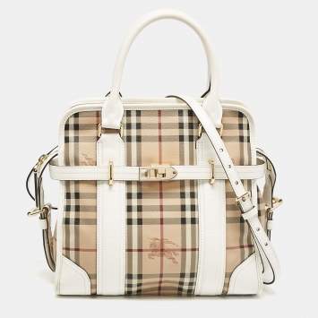 Pre Owned Burberry White/Beige Haymarket PVC and Leather PVC Minford Satchel