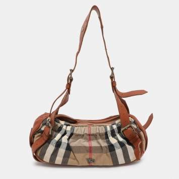 Pre Owned Burberry Brown/Beige House Check Canvas and Leather Satchel