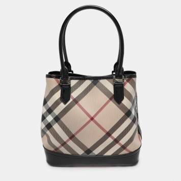 Pre Owned Burberry Beige/Black Nova Check PVC and Patent Leather Eden Tote