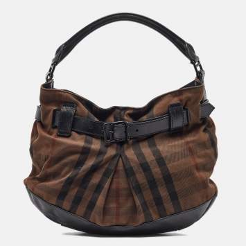 Pre Owned Burberry Black/Brown Housecheck Canvas and Leather Buckle Hobo