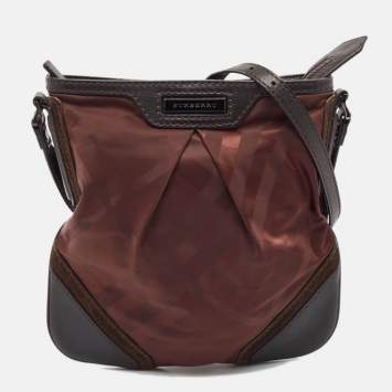 Pre Owned Burberry Burgundy/Brown Check Nylon, Leather and Suede Messenger Bag