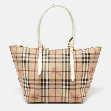 Pre Owned Burberry Beige/White Haymarket Check Coated Canvas and Patent Leather Salisbury Tote