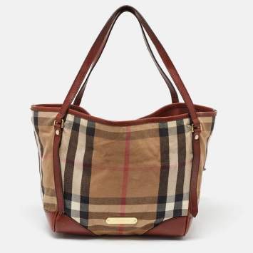 Pre Owned Burberry Brown/Beige House Check Canvas and Leather Canterbury Tote