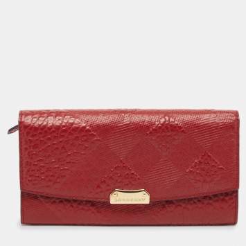 Pre Owned Burberry Red Check Embossed Leather Porter Continental Wallet 