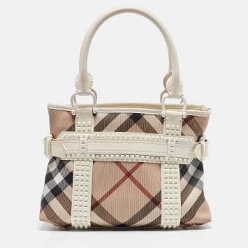 Pre Owned Burberry White/Beige Super Nova Check Vinyl Small Studded Rachel Tote