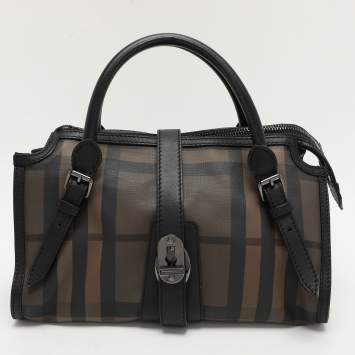Pre Owned Burberry Black Smoked Check PVC and Leather Chain Lock Bowling Bag