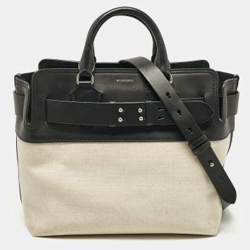 Pre Owned Burberry Black/Natural Canvas and Leather Medium Marais Belt Tote