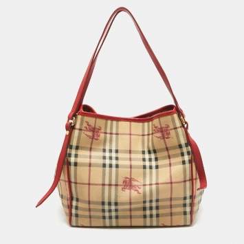 Pre Owned Burberry Red/Beige Haymarket Coated Canvas and Leather Canterbury Tote