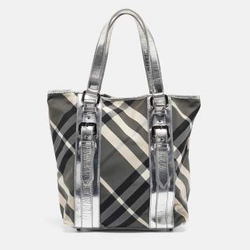 Pre Owned Burberry Silver Beat Check Nylon Victoria Tote
