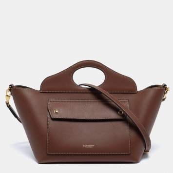 Pre Owned Burberry Dark Brown Soft Leather Small Pocket Tote