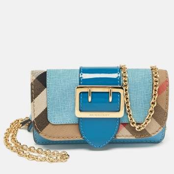 Pre Owned Burberry Blue/Beige House Check Canvas and Leather Mini Buckle Phone Crossbody Bag