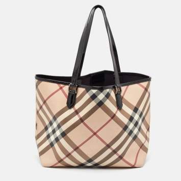 Pre Owned Burberry Black/Beige Supernova Check Vinyl and Patent Leather Large Nickie Tote