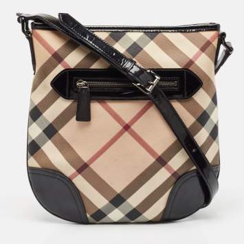 Pre Owned Burberry Black/Beige Nova Check Patent Leather and PVC Dryden Crossbody Bag