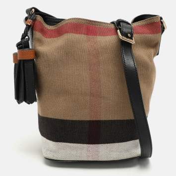 Pre Owned Burberry Beige/Black House Check Canvas and Leather Ashby Bucket Bag