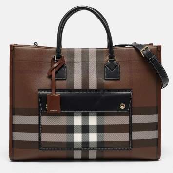 Pre Owned Burberry Dark Birch Brown Check Coated Canvas and Leather Medium Freya Tote