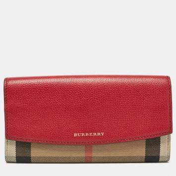 Pre Owned Burberry Beige/Red House Check Fabric and Leather Flap Continental Wallet