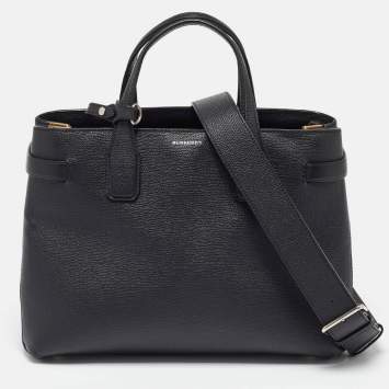 Pre Owned Burberry Black/Beige Leather and House Check Canvas Medium Banner Tote
