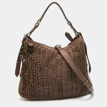 Pre Owned Burberry Dark Beige Leather Ruffled Lowry Hobo