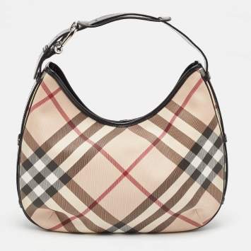 Pre Owned Burberry Metallic/Beige Nova Check Coated Canvas and Leather Barton Hobo