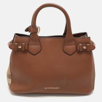 Pre Owned Burberry Brown/Beige House Check Fabric and Leather Small Banner Tote