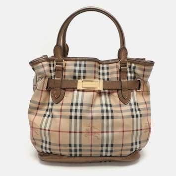 Pre Owned Burberry Beige/Brown Haymarket Check PVC and Leather Medium Golderton Tote