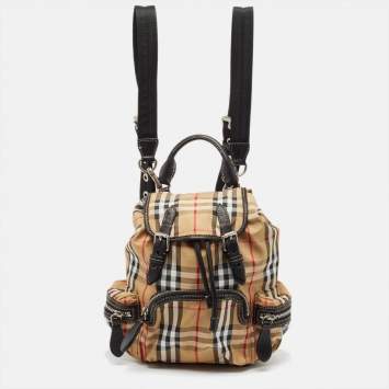 Pre Owned Burberry Beige/Black Leather House Check Nylon and Leather Rucksack Backpack
