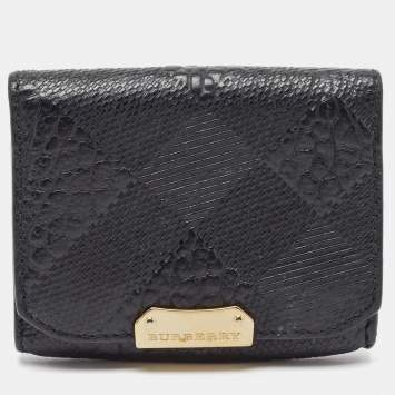 Pre Owned Burberry Black Embossed Check Leather Flap Card Case