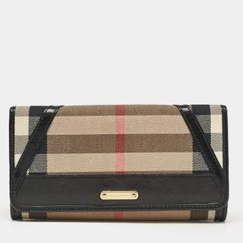 Pre Owned Burberry Black/Beige House Check Fabric and Leather Leighton Continental Wallet