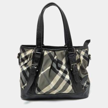 Pre Owned Burberry Grey/Black Beat Check Nylon and Patent Leather Lowry Tote