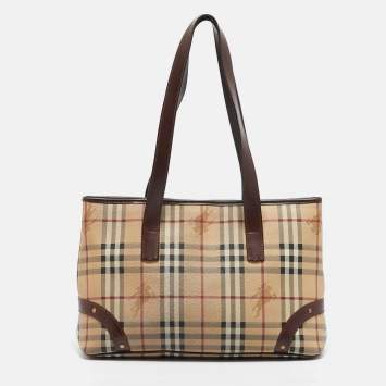 Pre Owned Burberry Dark Brown/Beige Haymarket Check Coated Canvas Tote