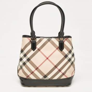 Pre Owned Burberry Black/Beige Nova Check PVC and Patent Leather Eden Tote