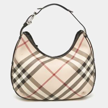 Pre Owned Burberry Black/Beige Nova Check Coated Canvas and Patent Leather Barton Hobo