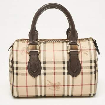 Pre Owned Burberry Beige/Brown Haymarket Check PVC and Leather Chester Boston Bag