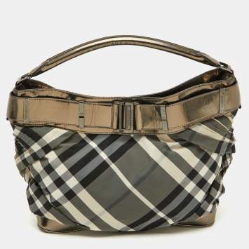 Pre Owned Burberry Metallic/Black Beat Check Nylon and Leather Buckle Hobo