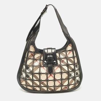 Pre Owned Burberry Black/Beige Nova Check Canvas and Leather Studded Brooke Warrior Hobo