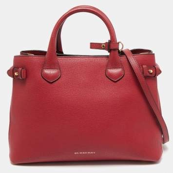 Pre Owned Burberry Red/Beige Leather and House Check Fabric Medium Banner Tote