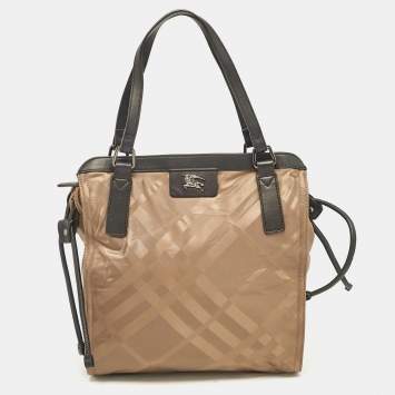 Pre Owned Burberry Khaki/Black Nova Check Nylon and Leather Buckleigh Tote