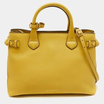 Pre Owned Burberry Yellow Leather and House Check Canvas Medium Banner Tote