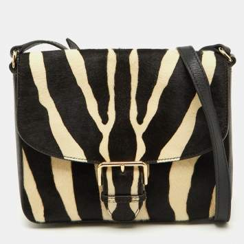 Pre Owned Burberry Black/Cream Zebra Print Calf Hair Buckle Crossbody Bag