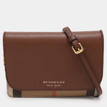 Pre Owned Burberry Brown/Beige House Check Canvas and Leather Hampshire Crossbody Bag
