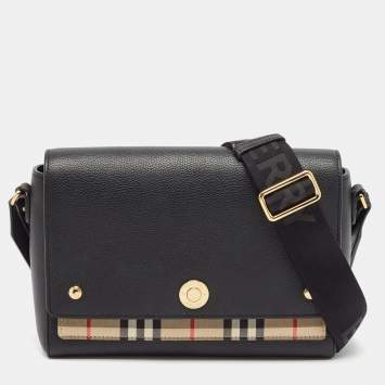 Burberry Black/Beige Check Canvas and Leather Note Shoulder Bag