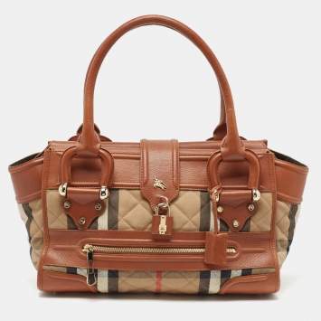 Pre Owned Burberry Brown/Beige Quilted House Check Canvas and Leather Manor Bag